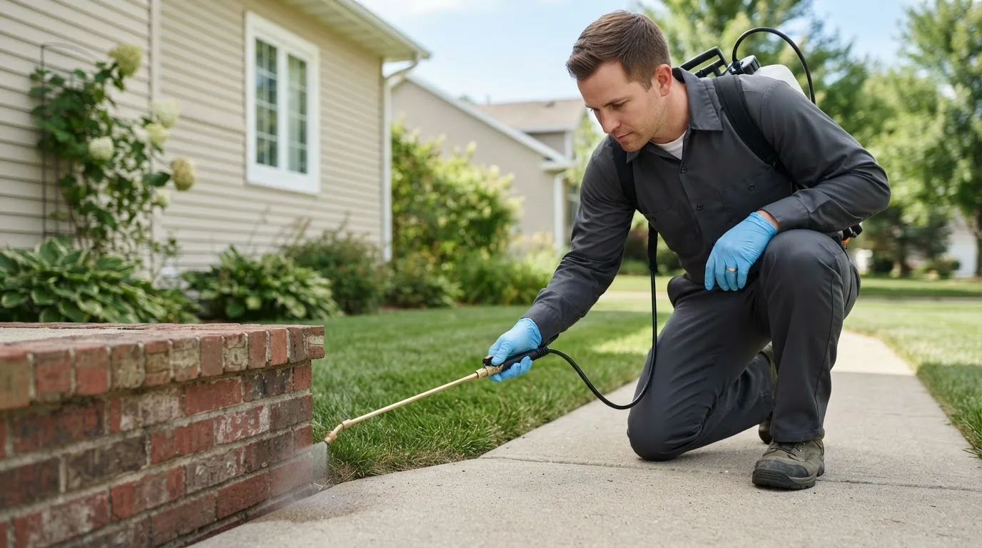 Pest control technician treating a home near Greenville, PA